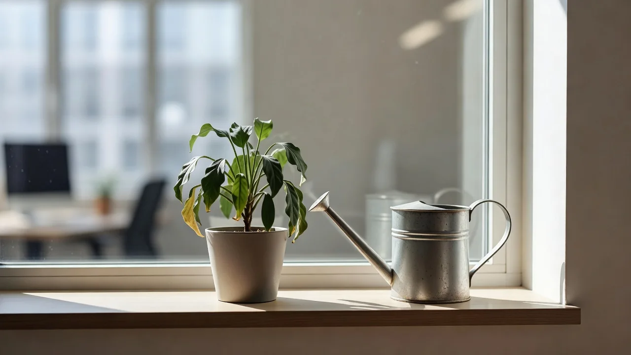 Kicsit hervadó növény egy fém locsolókanna mellett irodai ablakpárkányon, nappali fény