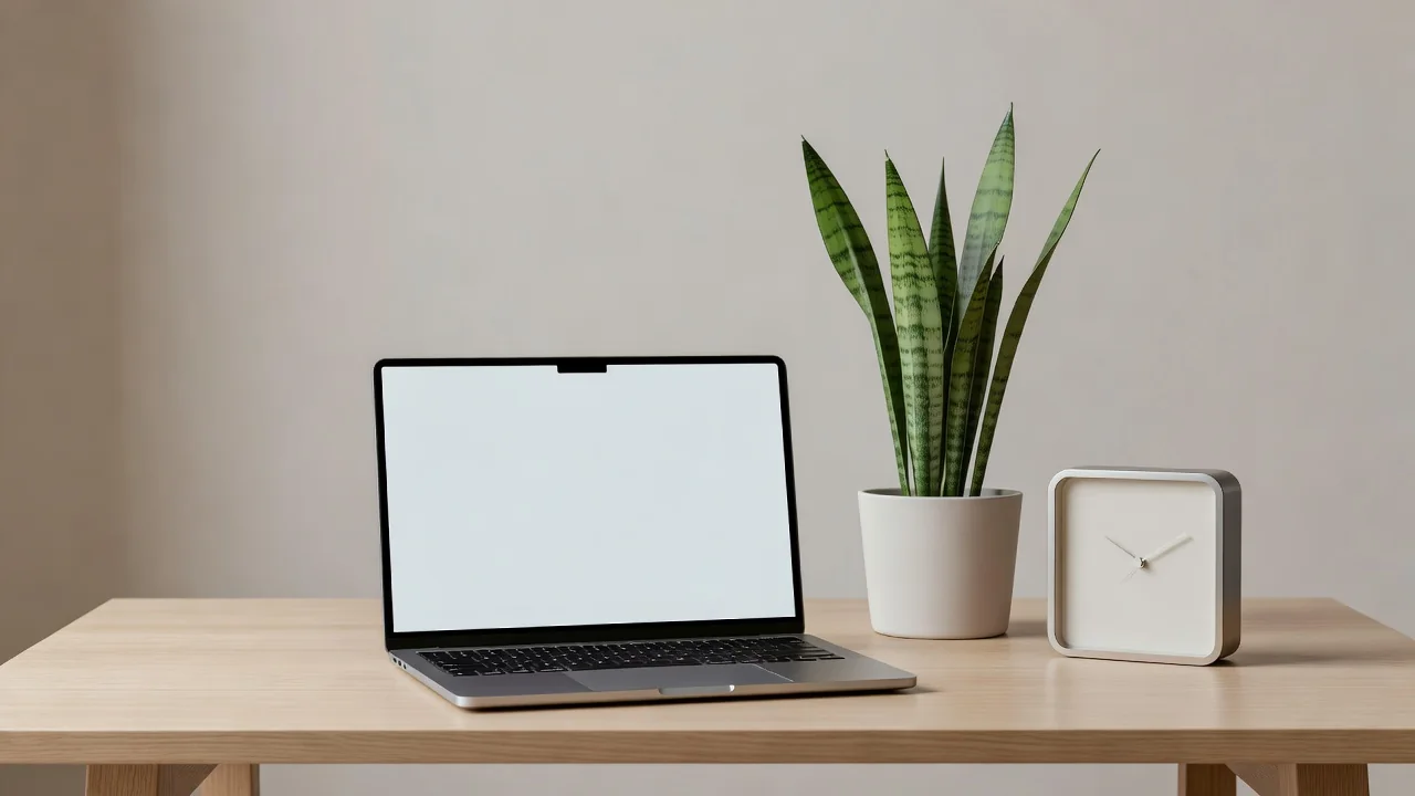 Csukott laptop otthoni munkahely küszöbén, bögre és kabát